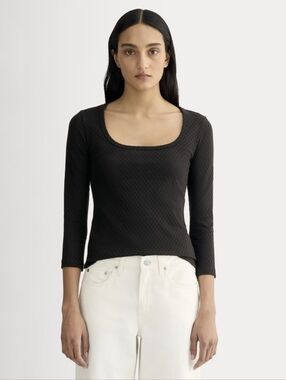 Everlane Pointelle Knit Square Neck Cotton Long-sleeve Size M Black NWT